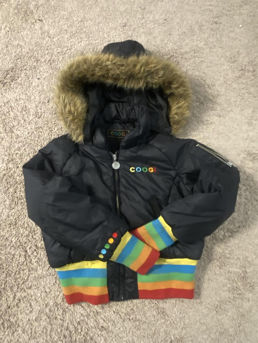 Coogi Jacket Boys Large Black Rainbow Hooded Puffer Faux Fur Trim Winter Coat